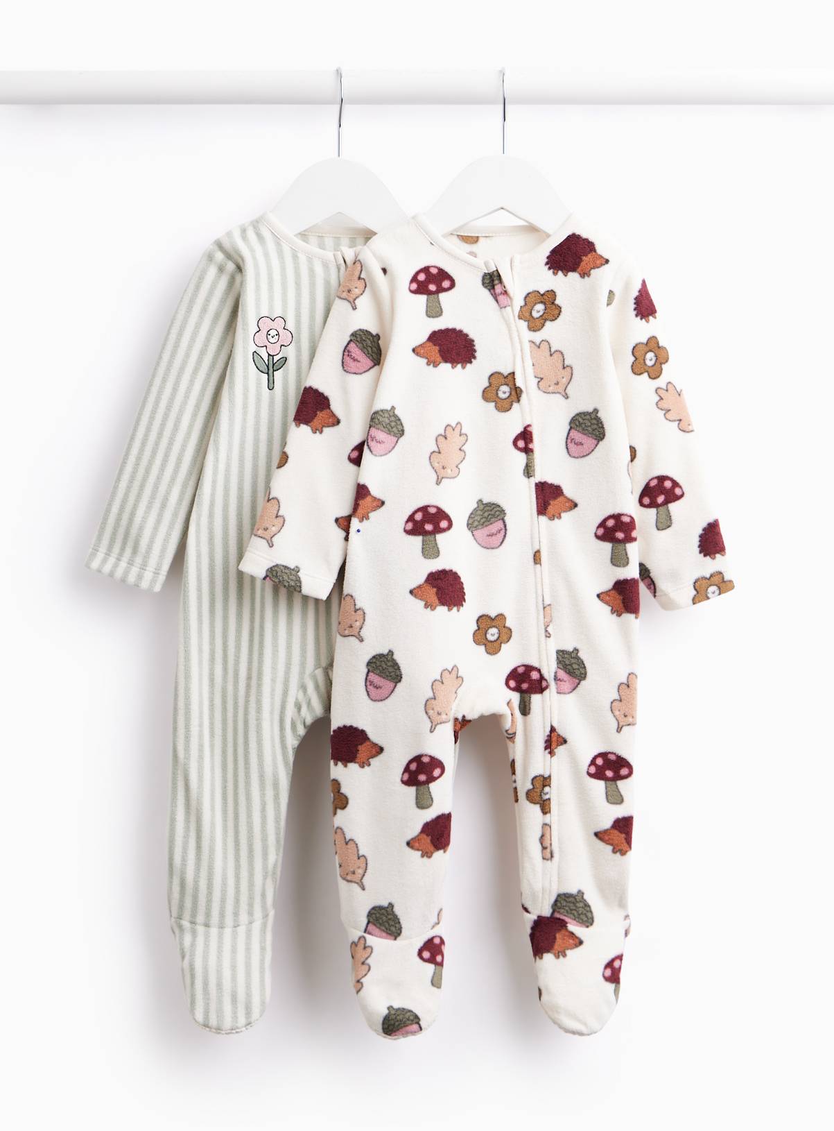 Cream Woodland Print Micro Fleece Sleepsuits 2-Pack 6-9 months - Image 1