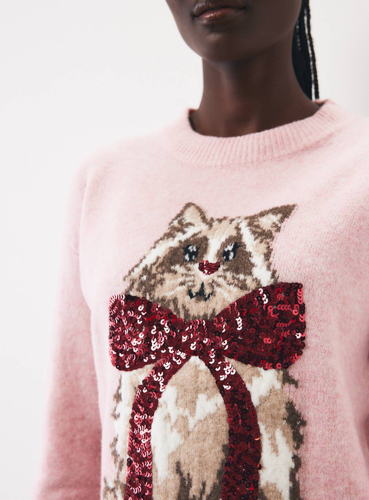 Sequin Bow Cat Christmas Jumper XS - Image 3
