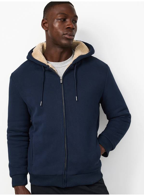Navy Cotton Rich Borg Lined Zip Through Hoodie S