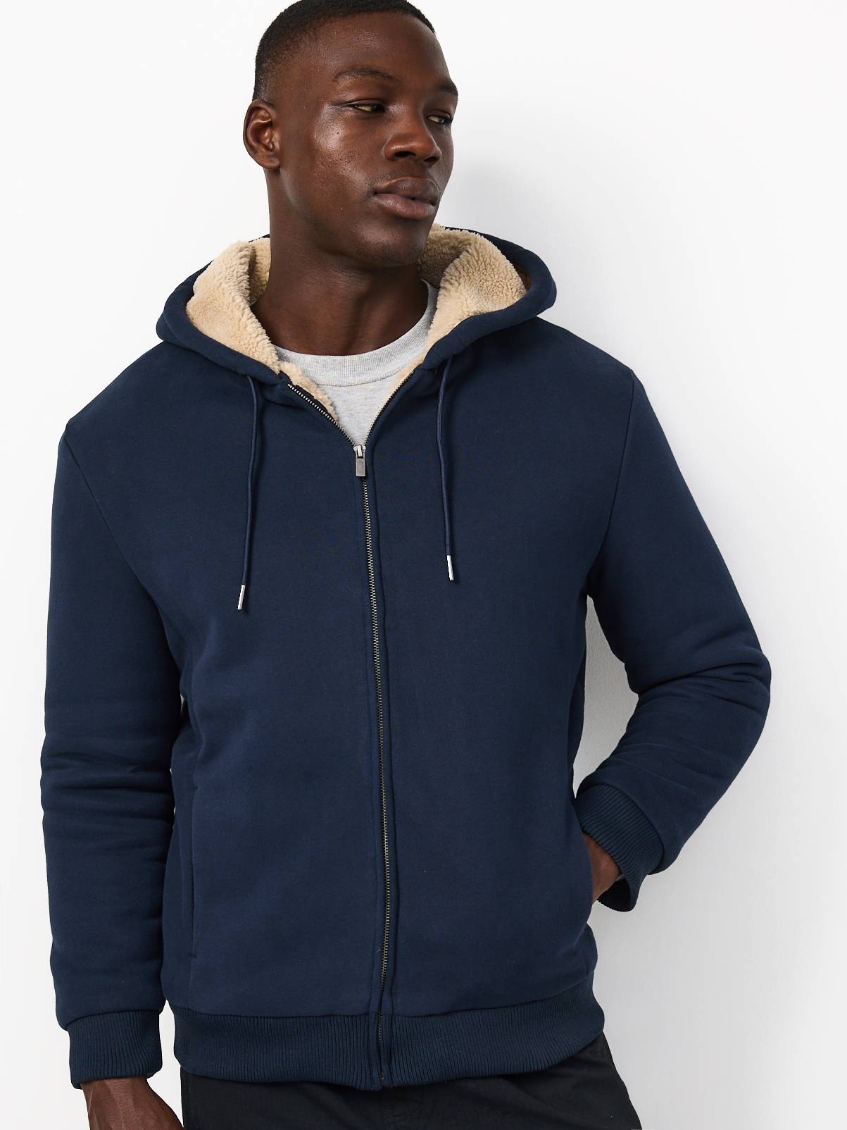 Navy Cotton Rich Borg Lined Zip Through Hoodie XXXL - Image 1