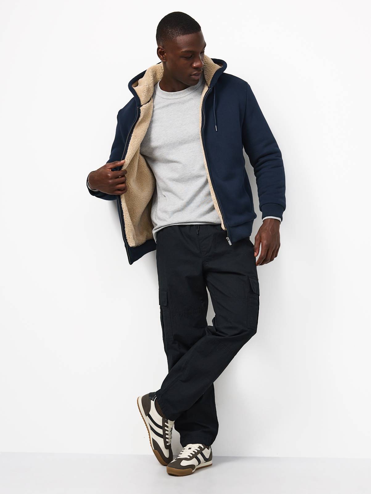 Navy Cotton Rich Borg Lined Zip Through Hoodie XXXL - Image 2