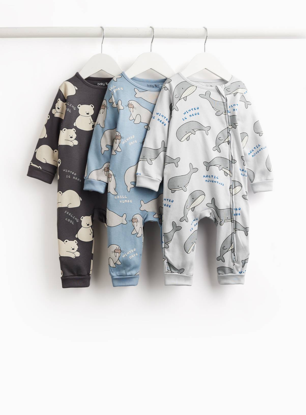 Blue & Grey Animal Print Sleepsuits 3-Pack Newborn - Image 1