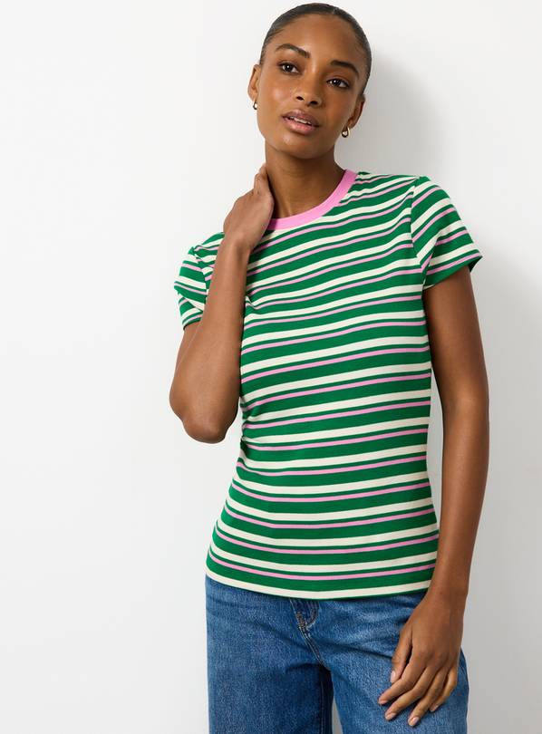 Green Ribbed Stripe Slim Fit Short Sleeve Top 26
