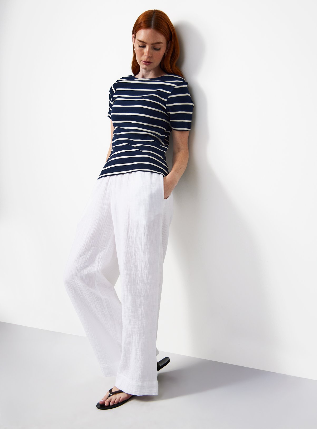 White & Navy Stripe Print Boat Neck T-Shirt 8 - Image 2 thumbnail