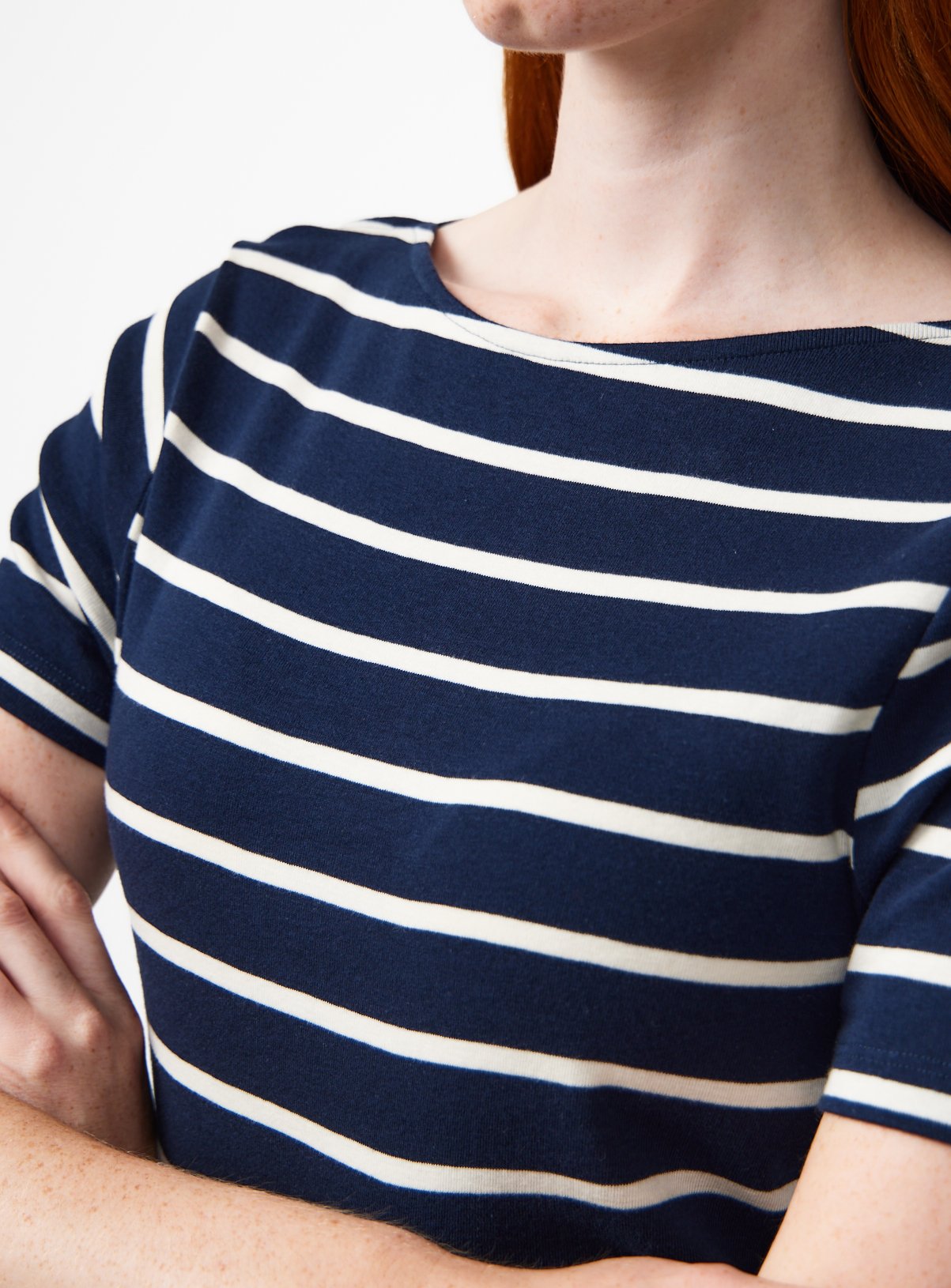 White & Navy Stripe Print Boat Neck T-Shirt 8 - Image 3 thumbnail