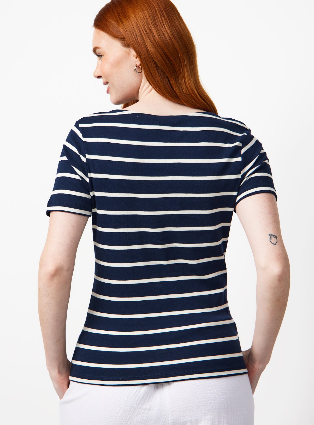 White & Navy Stripe Print Boat Neck T-Shirt 8 - Image 4 thumbnail