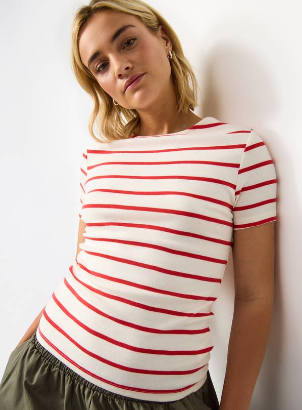 Cream & Red Stripe Print Boat Neck T-Shirt 14