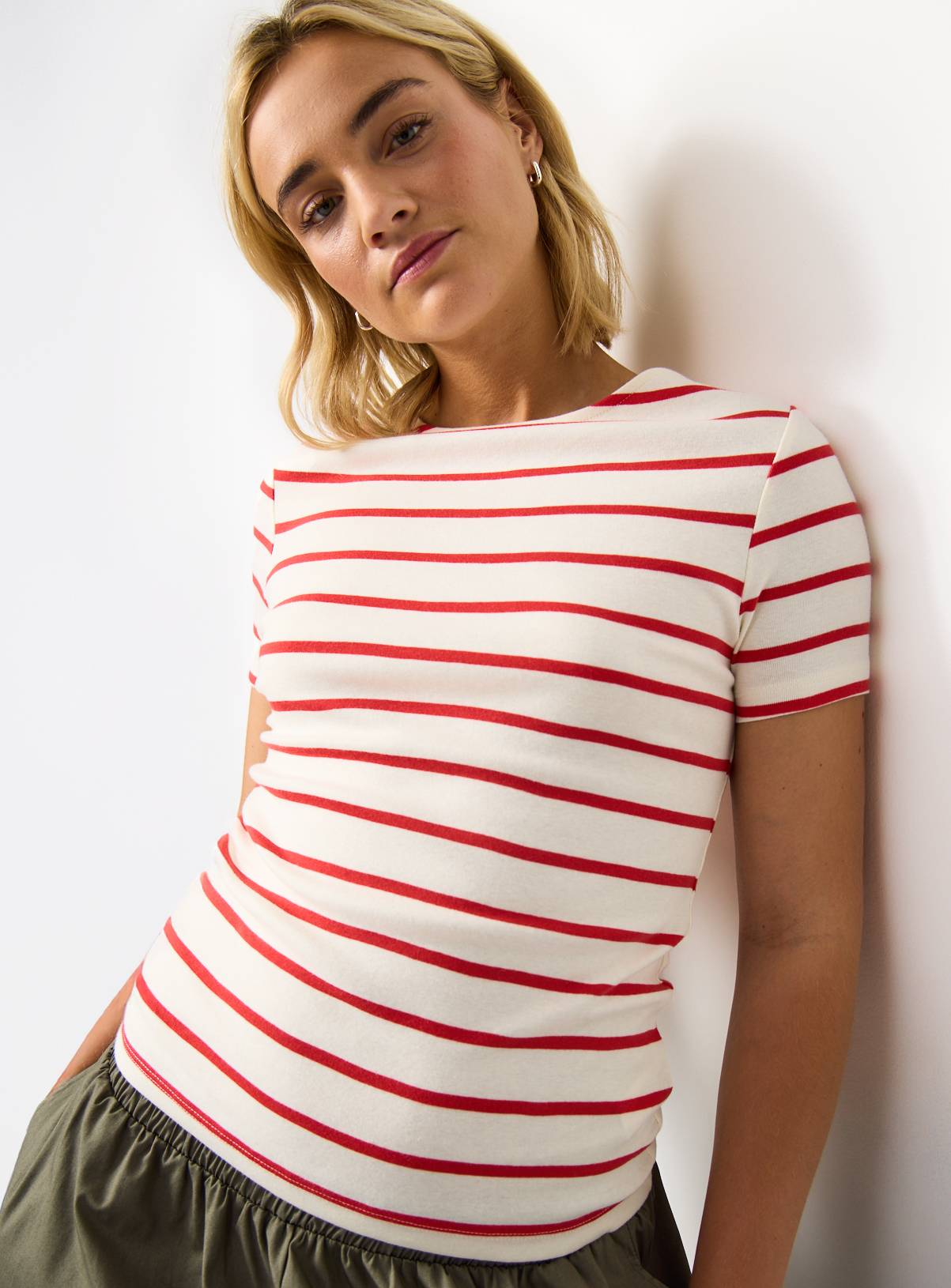 Cream & Red Stripe Print Boat Neck T-Shirt 8 - Image 1