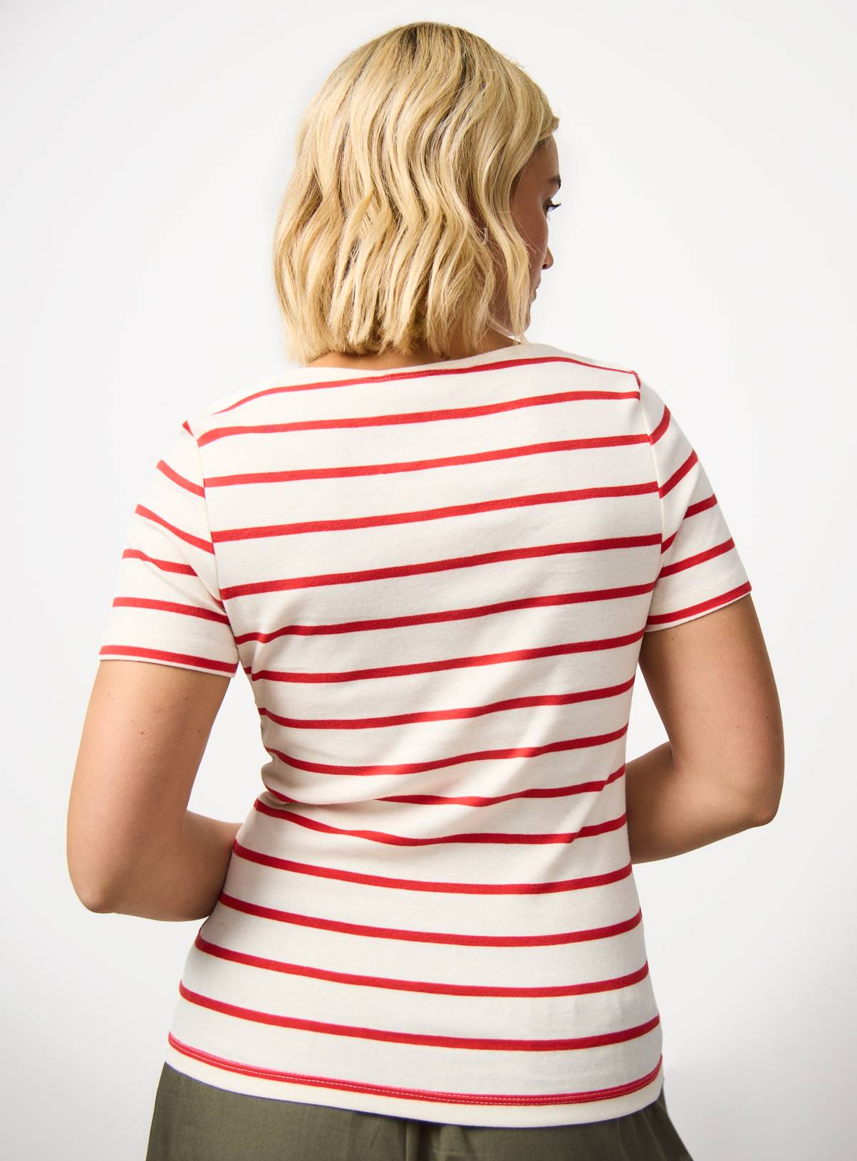 Cream & Red Stripe Print Boat Neck T-Shirt 8 - Image 4
