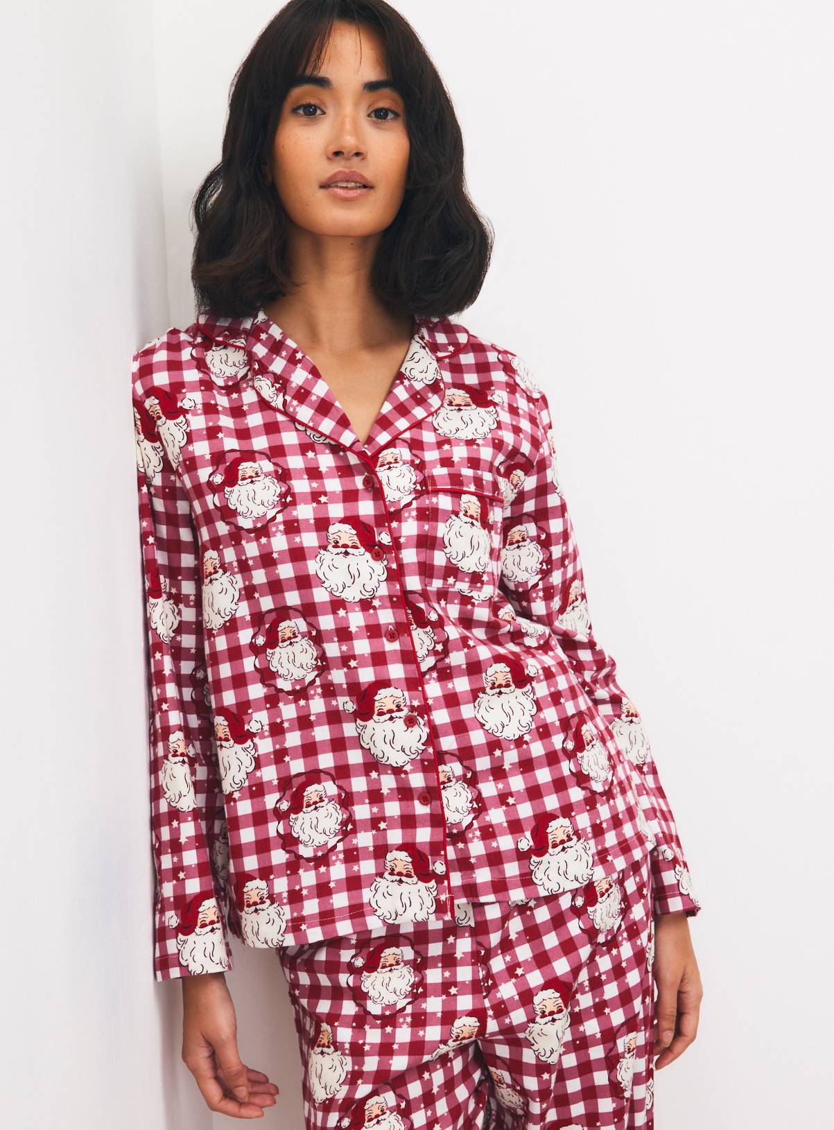 Family Matching Women's Christmas Santa Heads Check Traditional Pyjamas 20-22 - Image 1