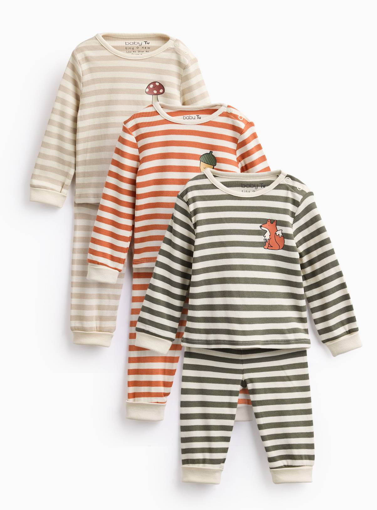 Woodland Animal Ribbed Pyjamas 3 Pack 6-9 months - Image 1
