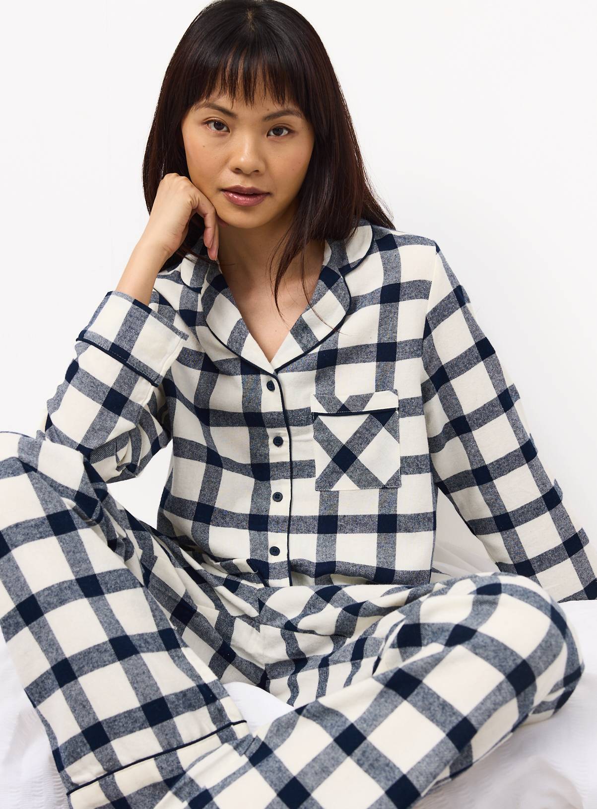 Family Matching Women's Christmas Navy & Cream Check Traditional Pyjamas 12-14 - Image 1