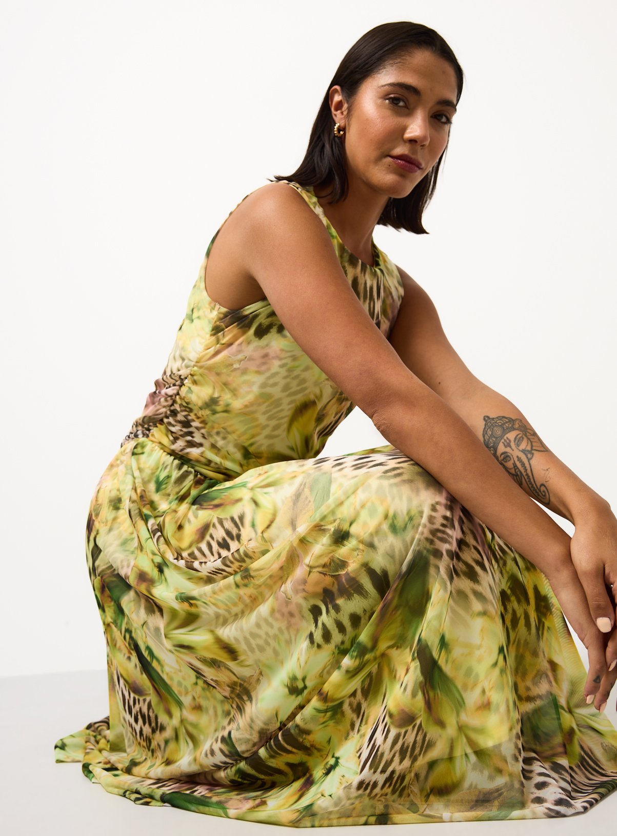 Yellow Animal Print Ruched Column Dress 18 - Image 3 thumbnail