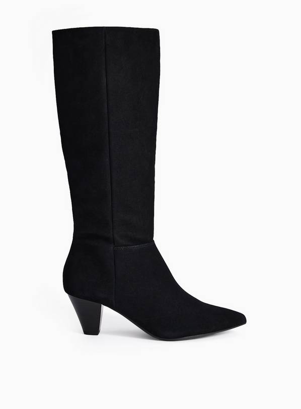 Black Faux Suede Cone Heel Long Boots 3
