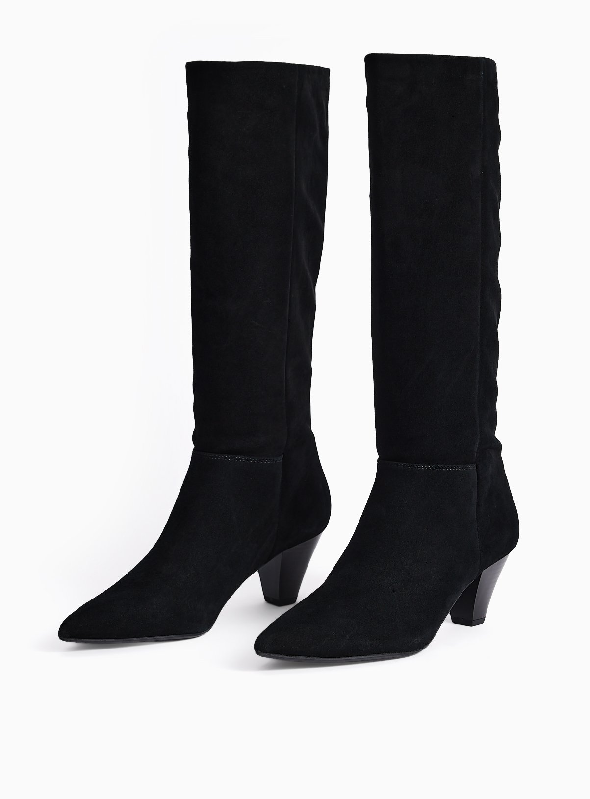 Black Faux Suede Cone Heel Long Boots 7 - Image 2 thumbnail