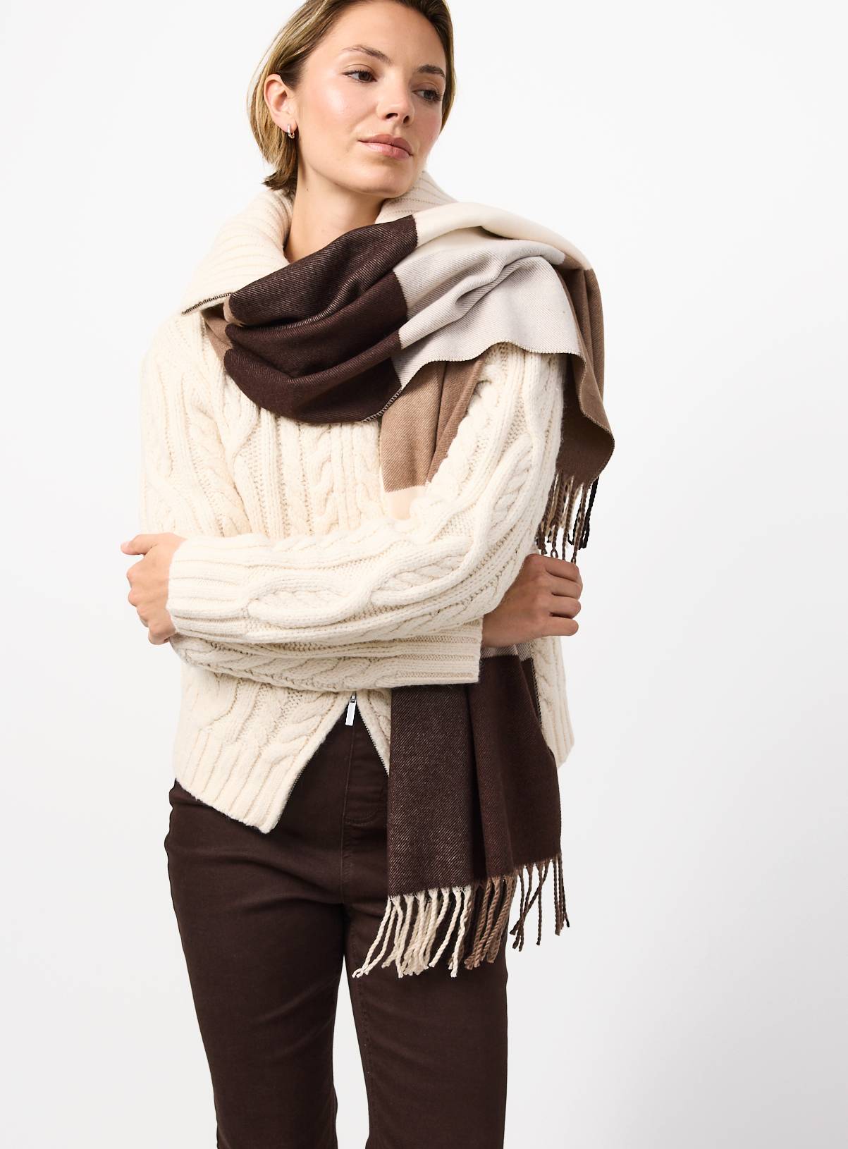 Brown Checked Scarf One Size - Image 1
