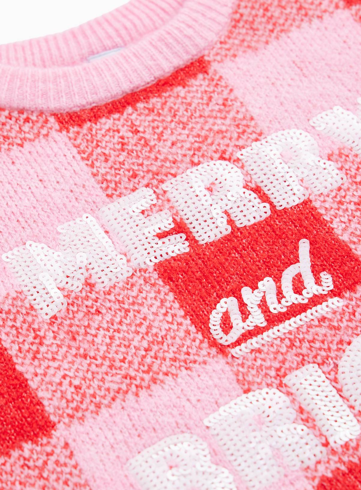 Mini Me Pink & Red Check Merry & Bright Sequin Christmas Sweater 12 years - Image 2