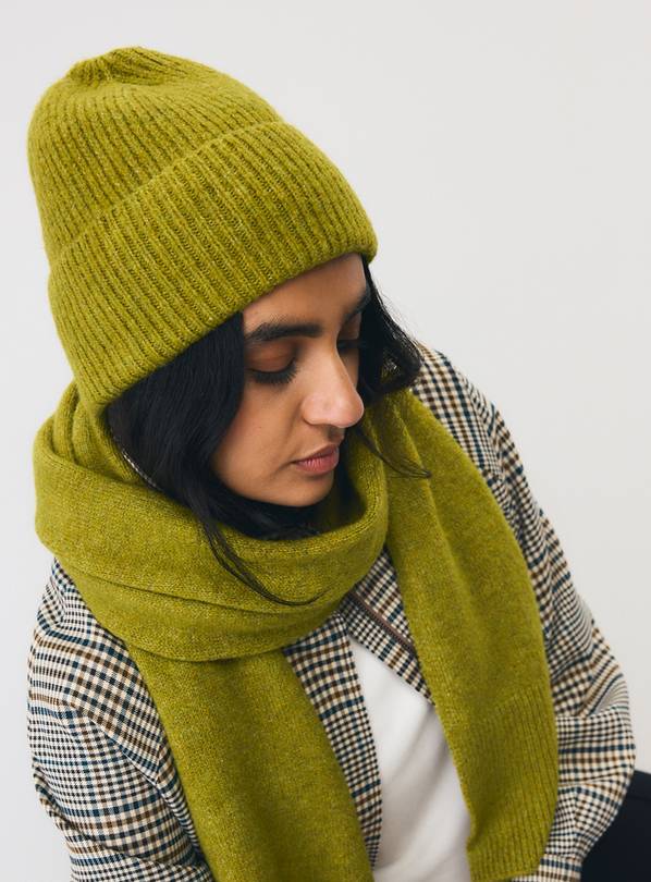 Olive Ribbed Beanie Hat One Size