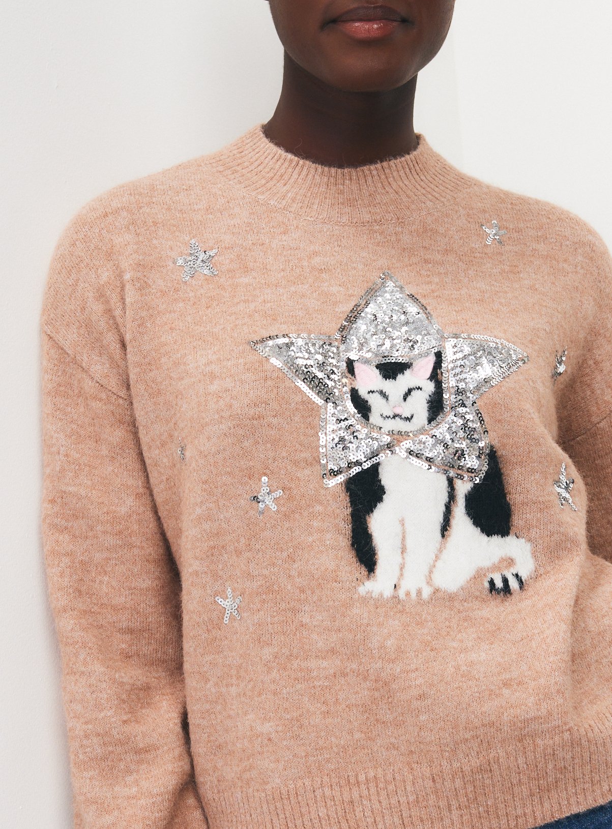 Oatmeal Sequin Star Cat Jumper XS - Image 2 thumbnail