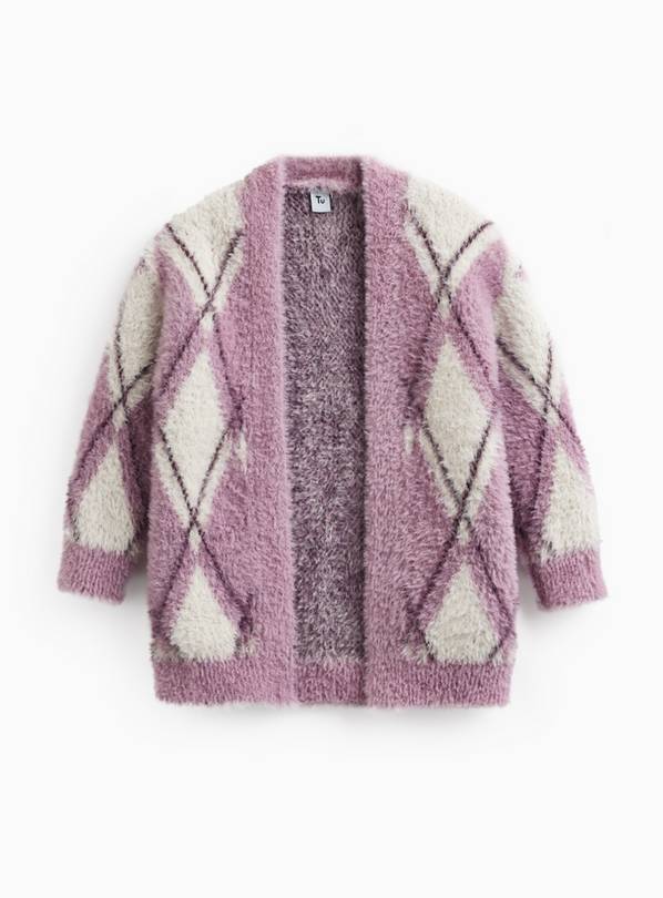 Pink & Cream Fluffy Argyle Cardigan 10 years