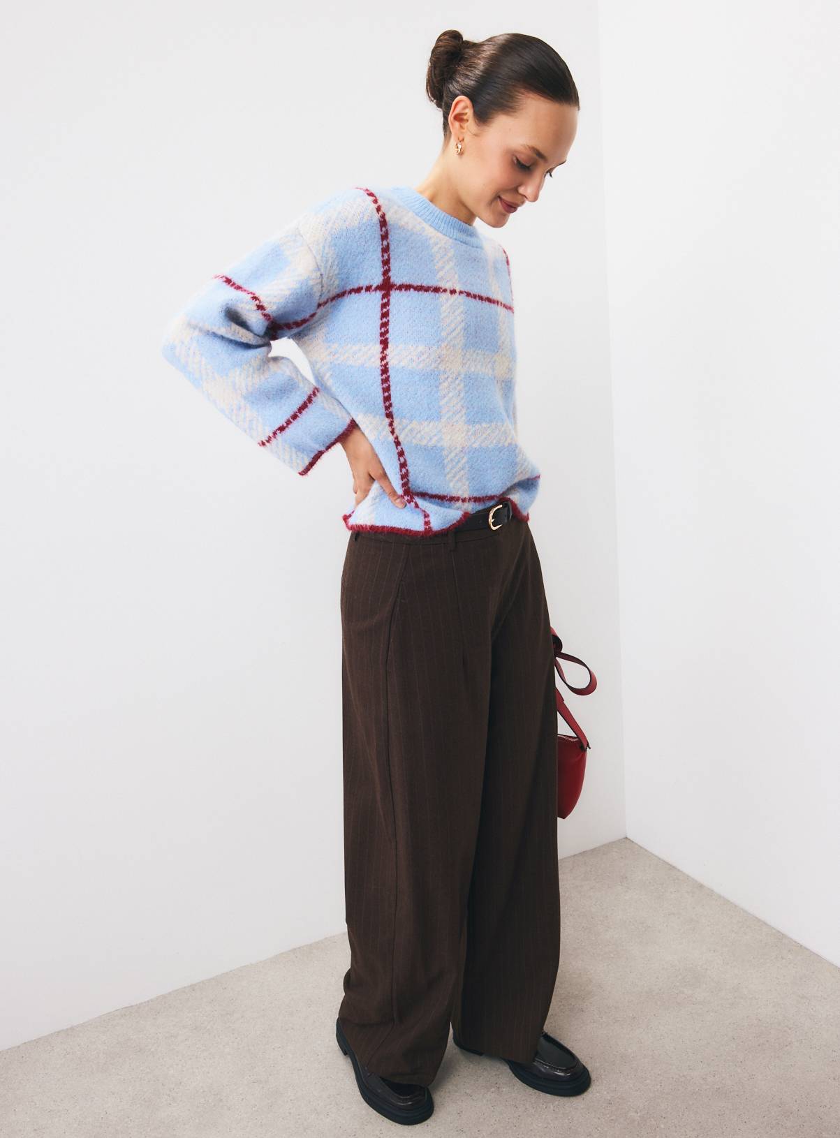 Light Blue Checked Crewneck Jumper M - Image 2