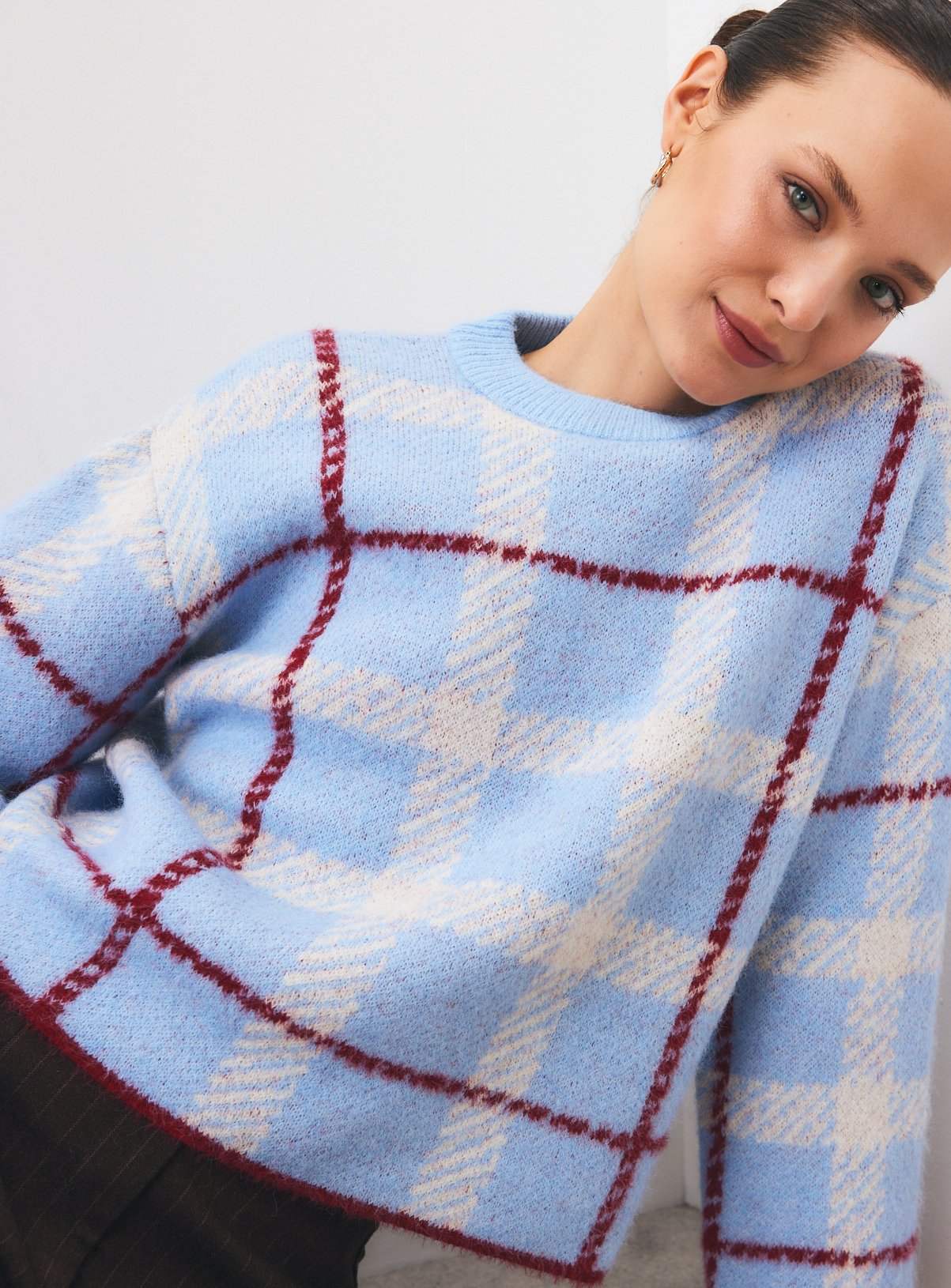 Light Blue Checked Crewneck Jumper L - Image 1 thumbnail