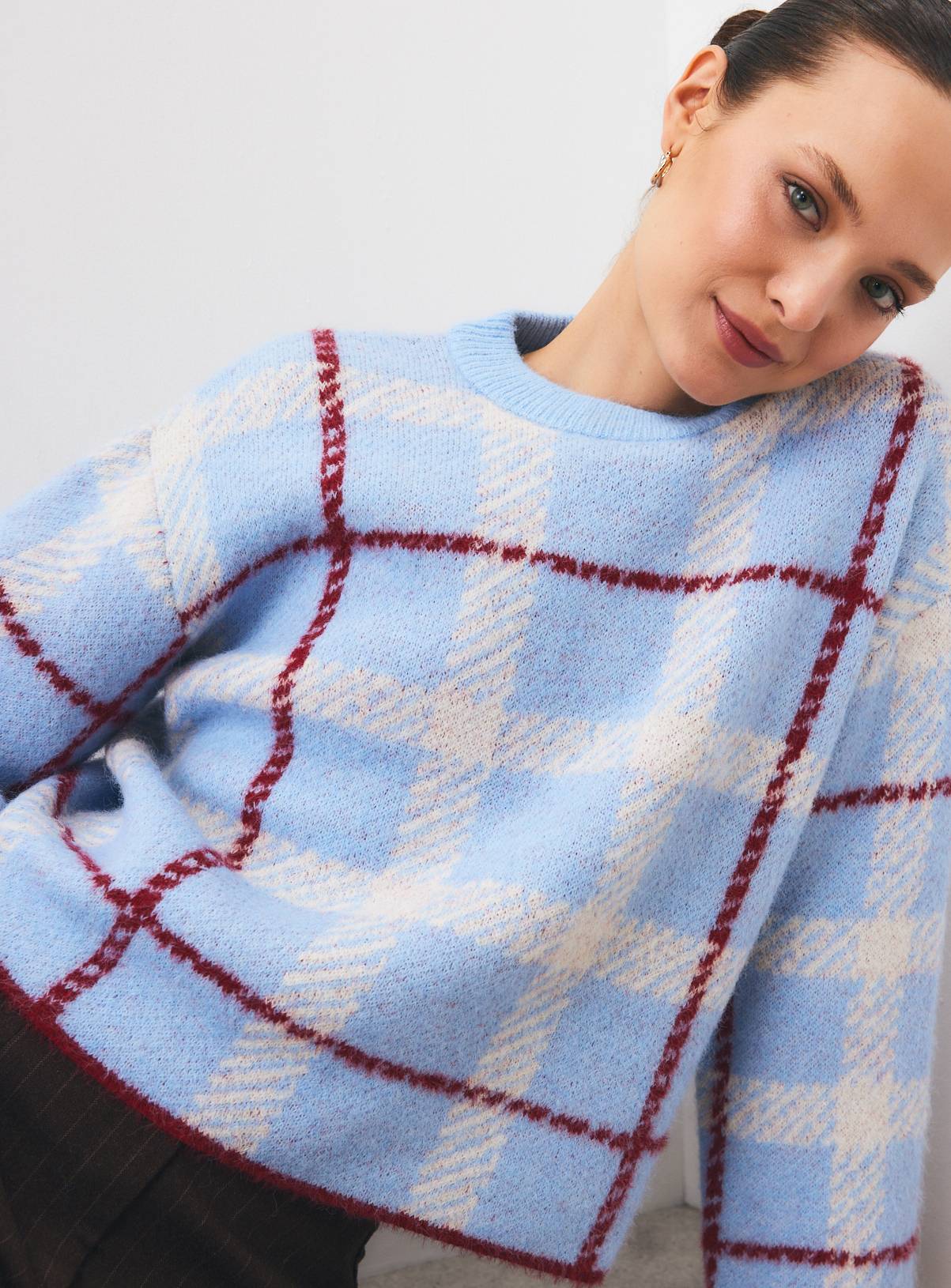 Light Blue Checked Crewneck Jumper L - Image 1