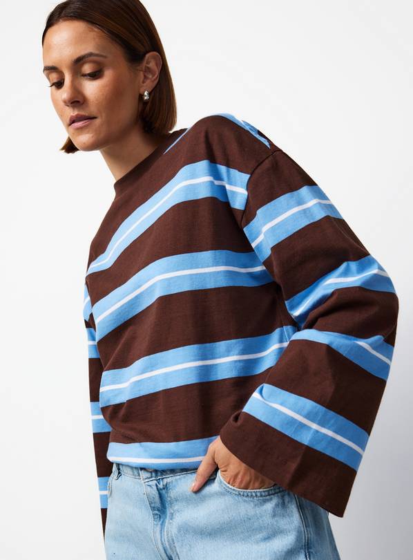 Brown Stripe Print Oversized Fit Long Sleeve T-Shirt XS