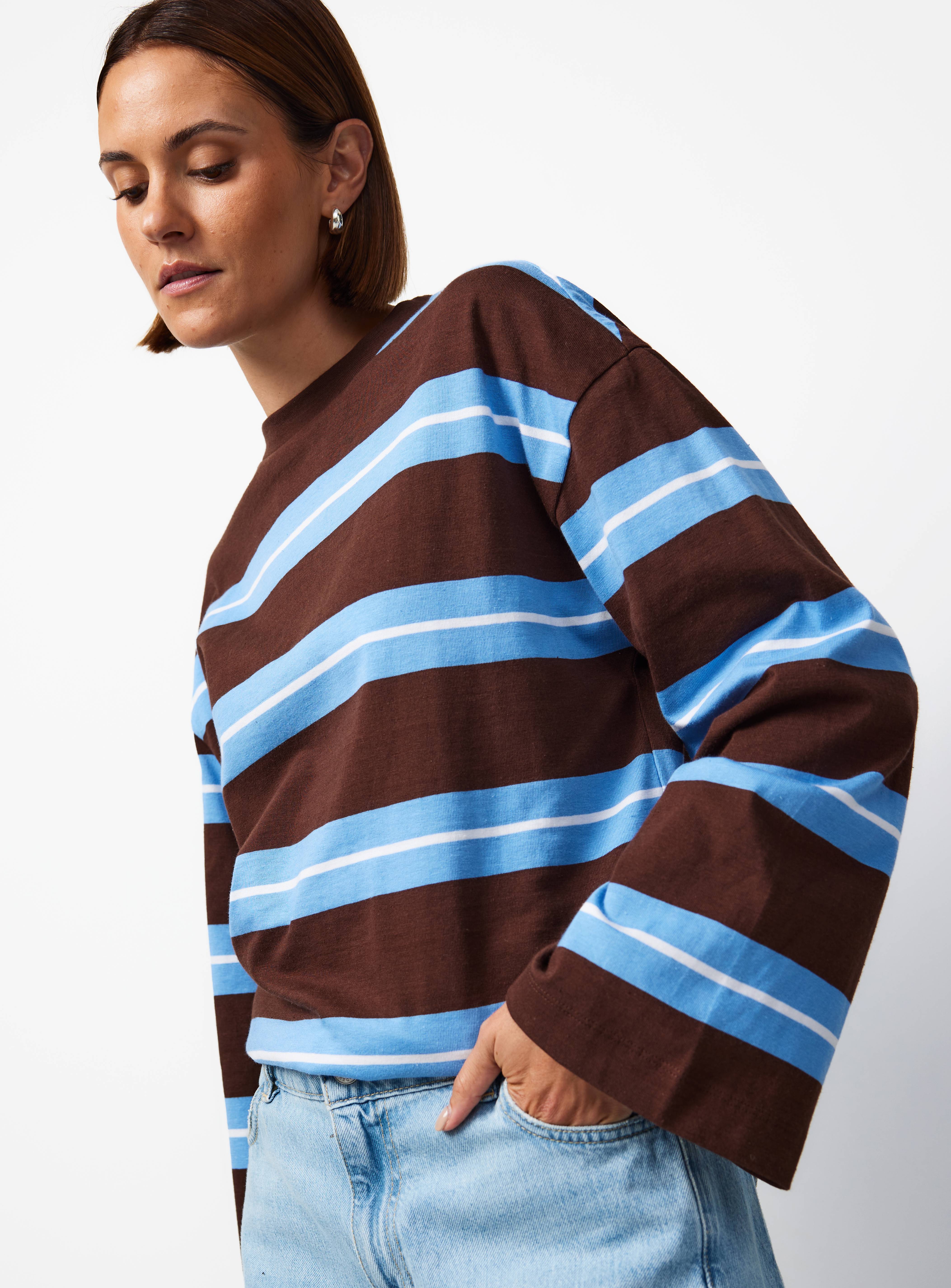 Brown Stripe Print Oversized Fit Long Sleeve T-Shirt XS - Image 1