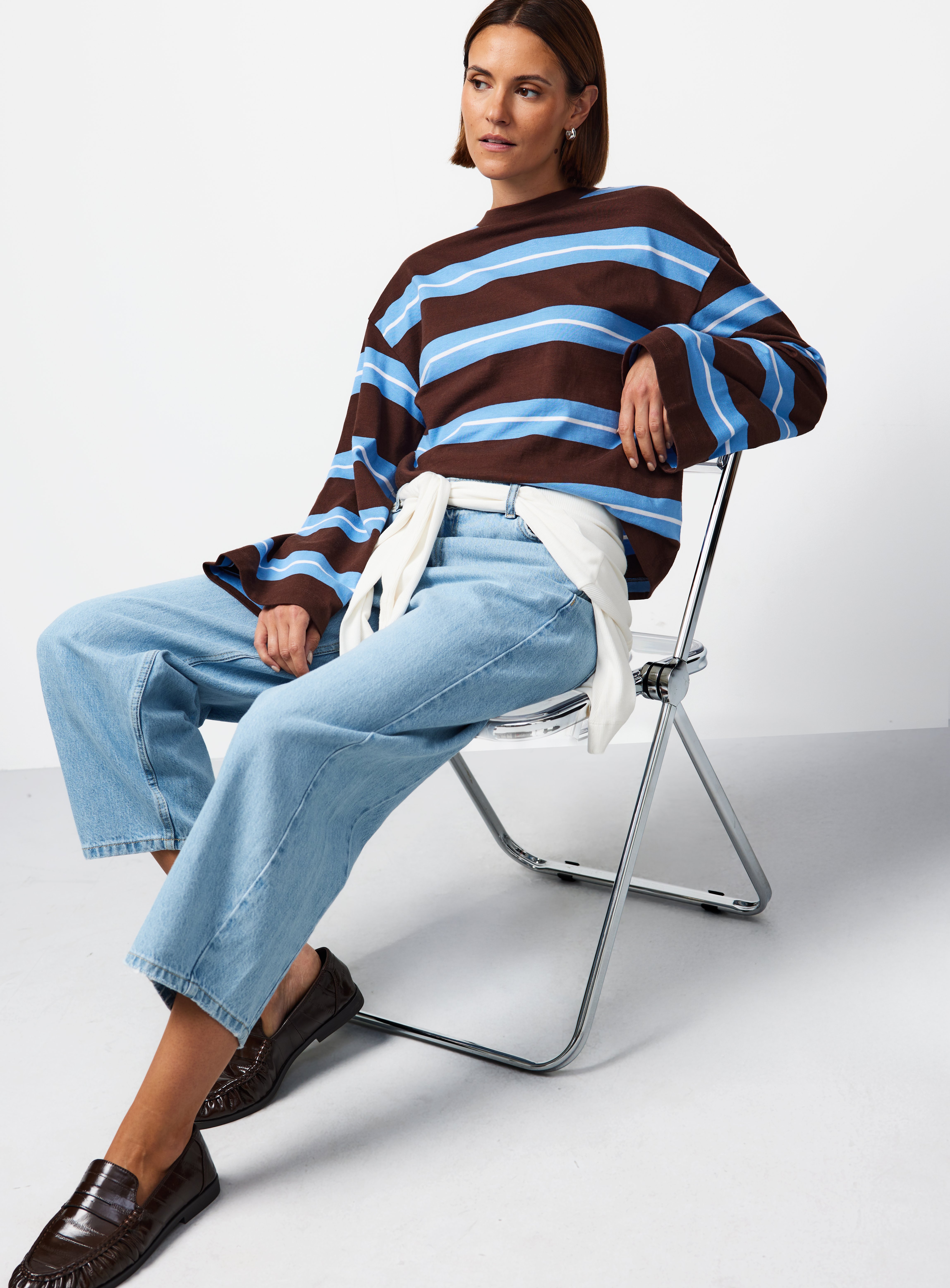 Brown Stripe Print Oversized Fit Long Sleeve T-Shirt XS - Image 2 thumbnail