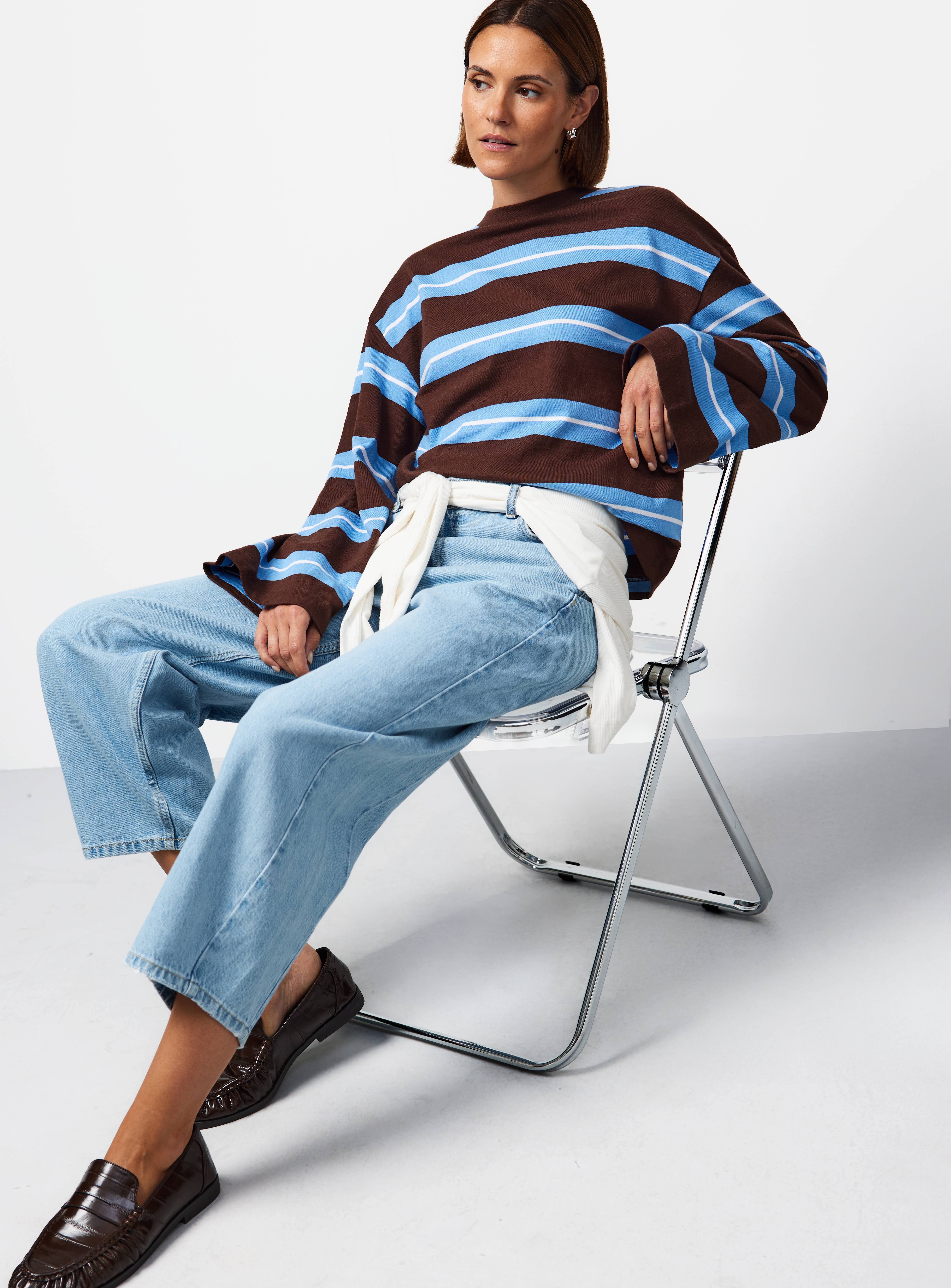 Brown Stripe Print Oversized Fit Long Sleeve T-Shirt XS - Image 2