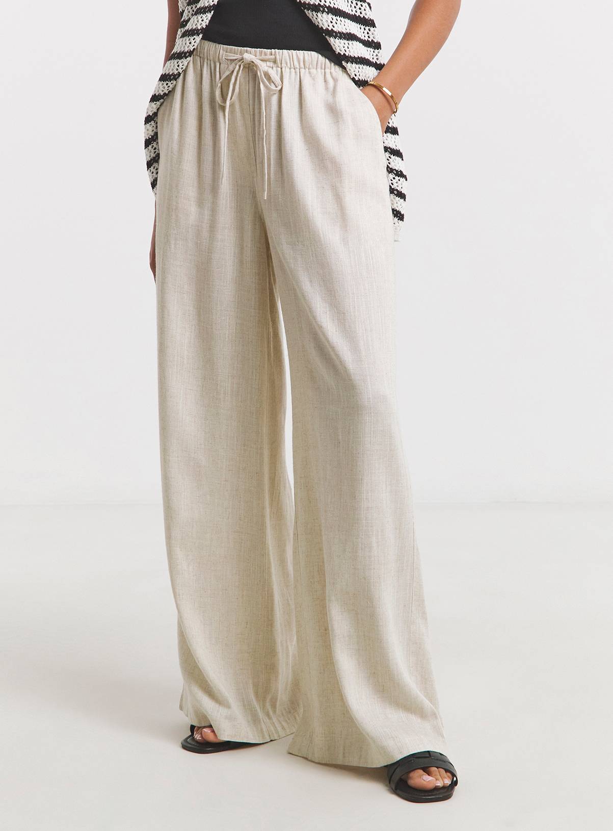 SIMPLY BE Tie Waist Linen Wide Leg Trousers Natural 12 - Image 1