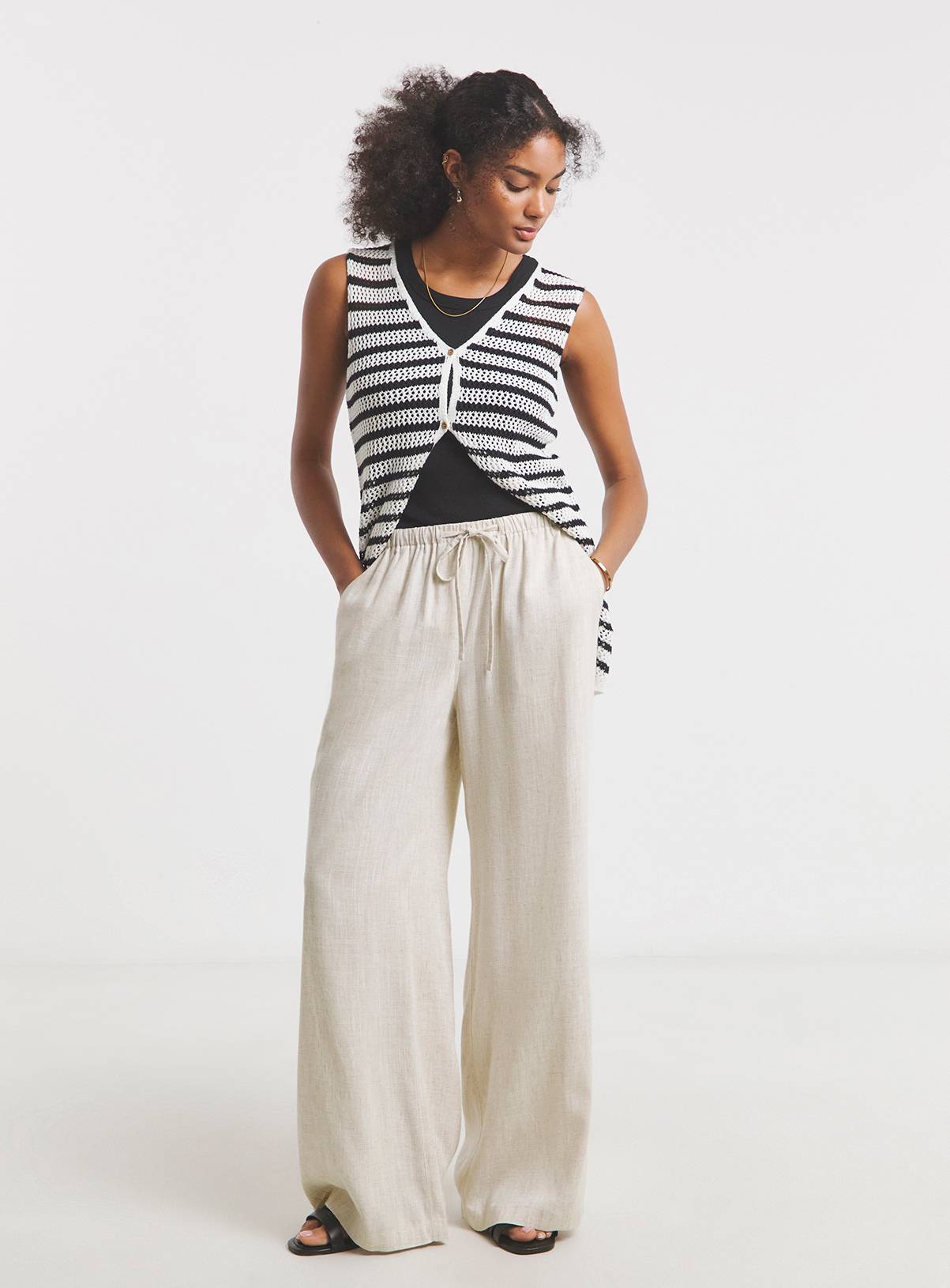 SIMPLY BE Tie Waist Linen Wide Leg Trousers Natural 12 - Image 3