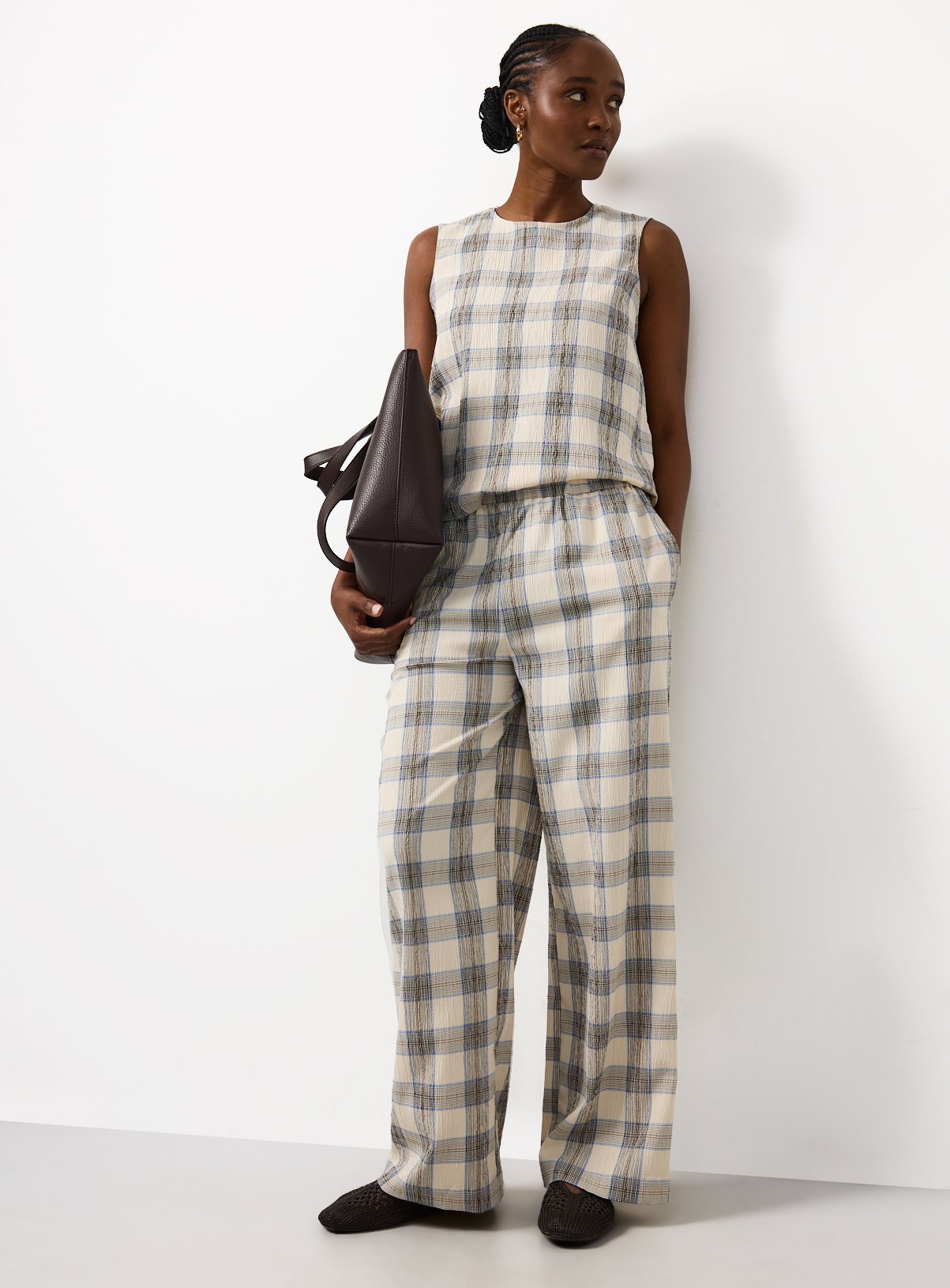 Cream Check Print Wide Leg Co-ord Trousers 22 - Image 2 thumbnail