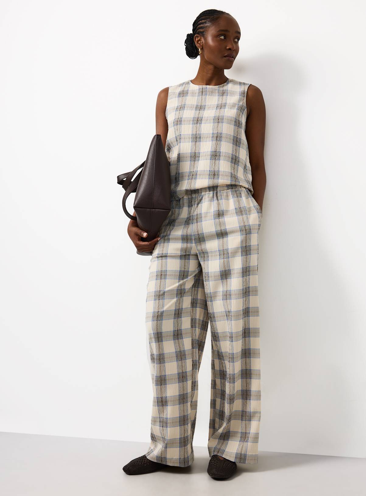 Cream Check Print Wide Leg Co-ord Trousers 22 - Image 2