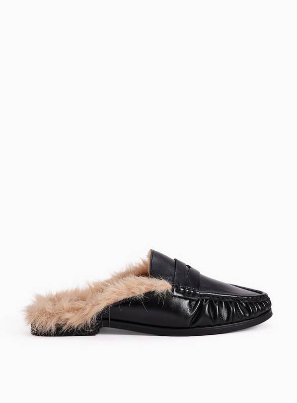 Black Faux Fur Lined Loafer Mules  8