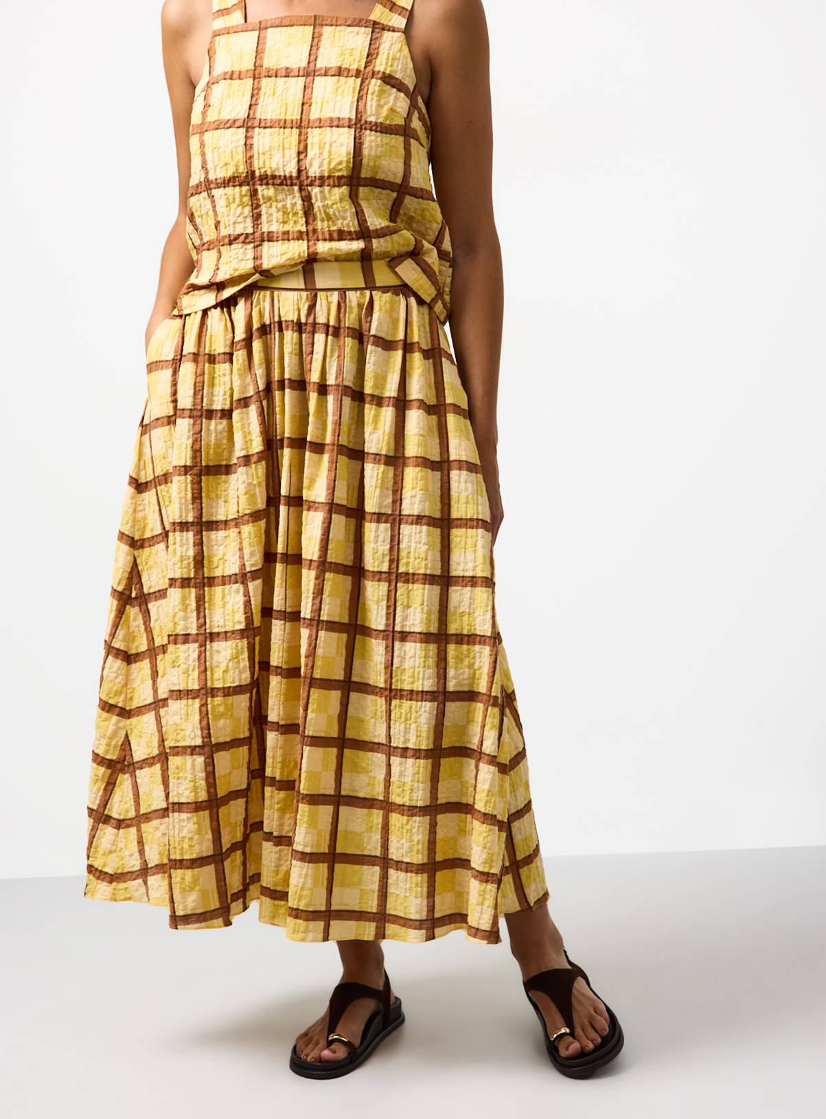 Yellow and Brown Check Cotton Midi Co-ord Skirt 20 - Image 2