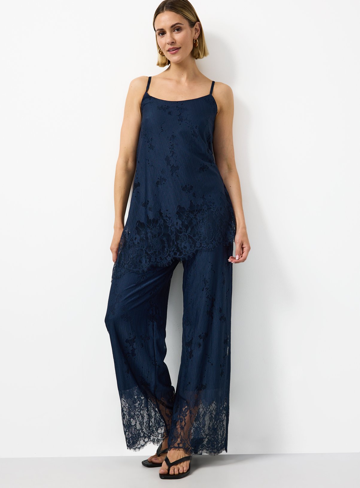 Navy Floral Lace Detail Wide Leg Co-ord Trousers 14 - Image 2 thumbnail