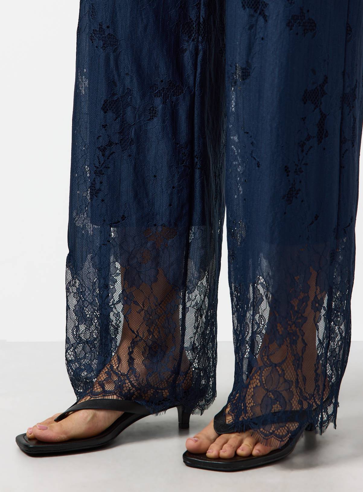 Navy Floral Lace Detail Wide Leg Co-ord Trousers 14 - Image 3