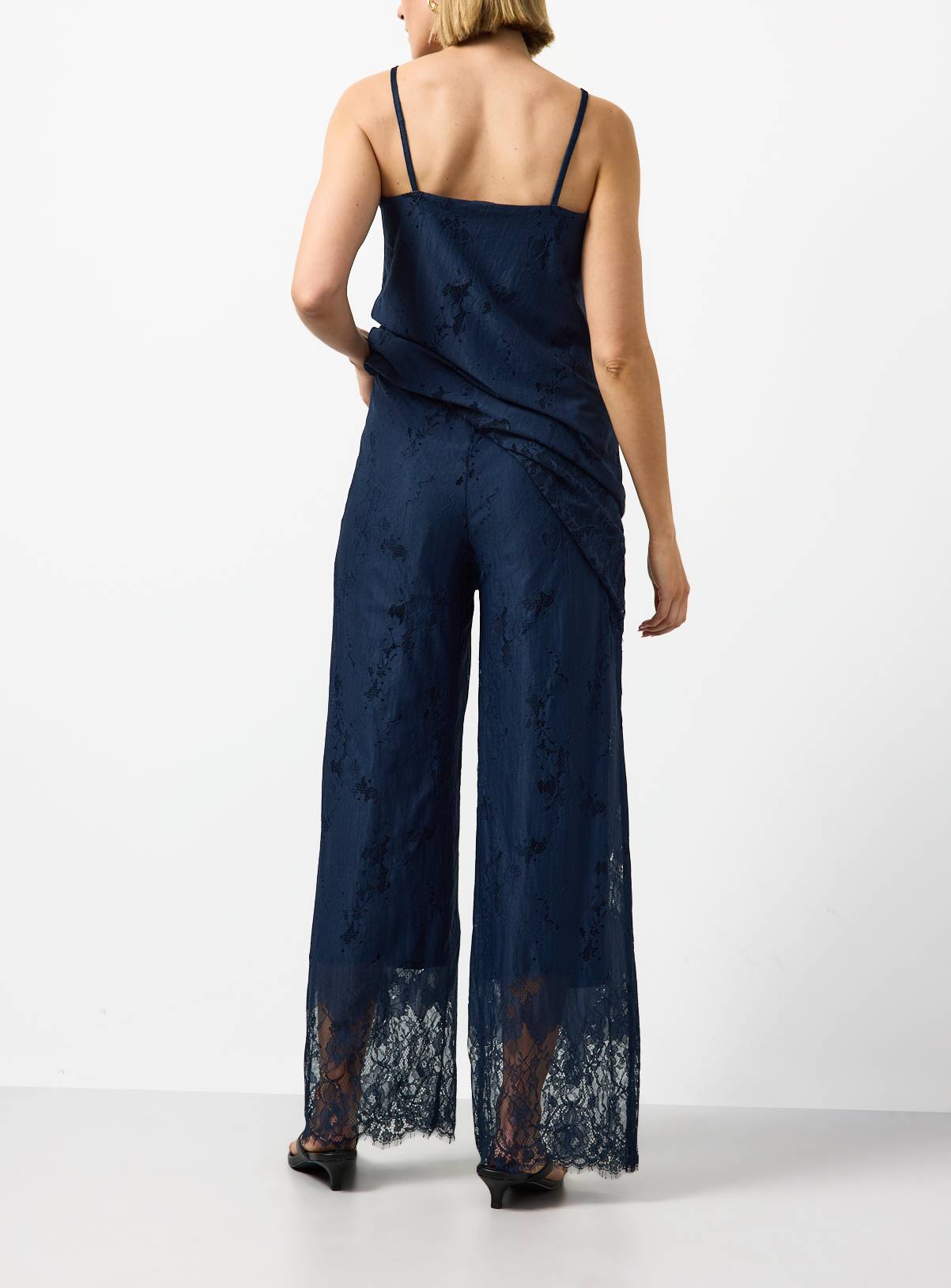 Navy Floral Lace Detail Wide Leg Co-ord Trousers 14 - Image 4