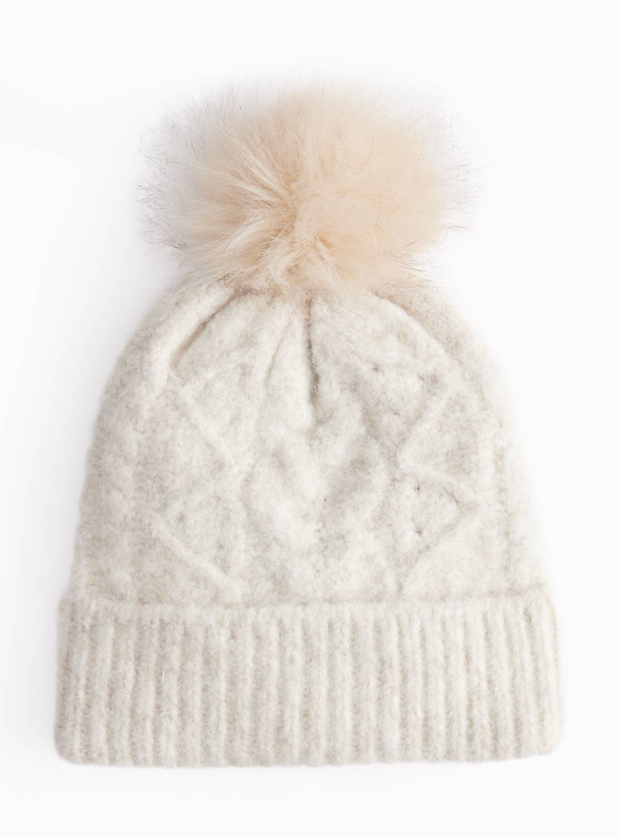 Cream Cable Knit Pompom Hat One Size - Image 2