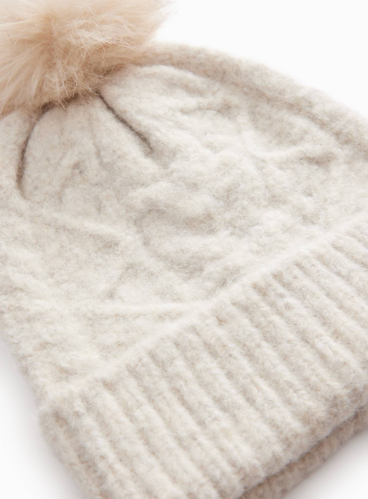 Cream Cable Knit Pompom Hat One Size - Image 3
