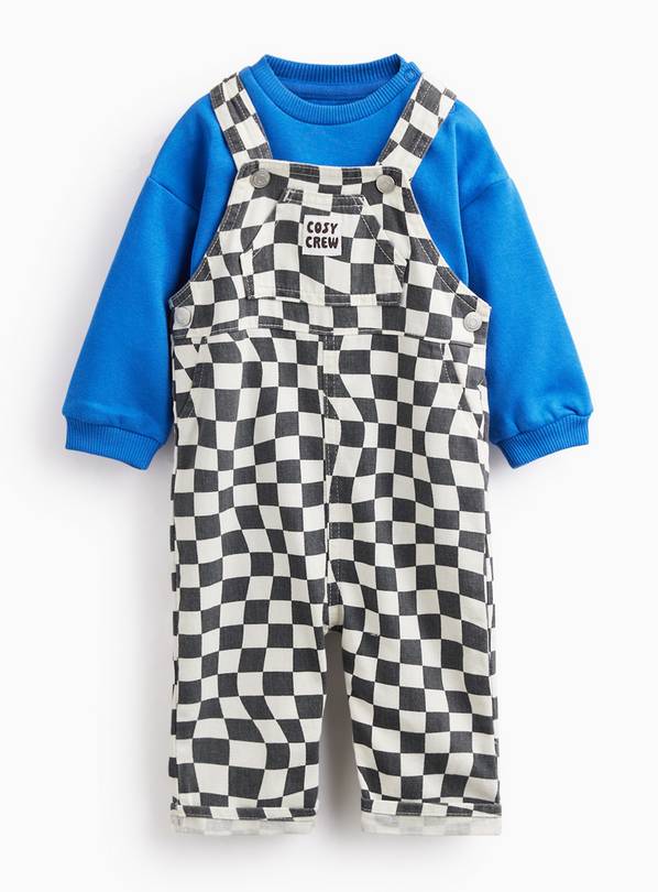 Black & White Checkerboard Dungarees & Blue Bodysuit Set Up to 3 mths