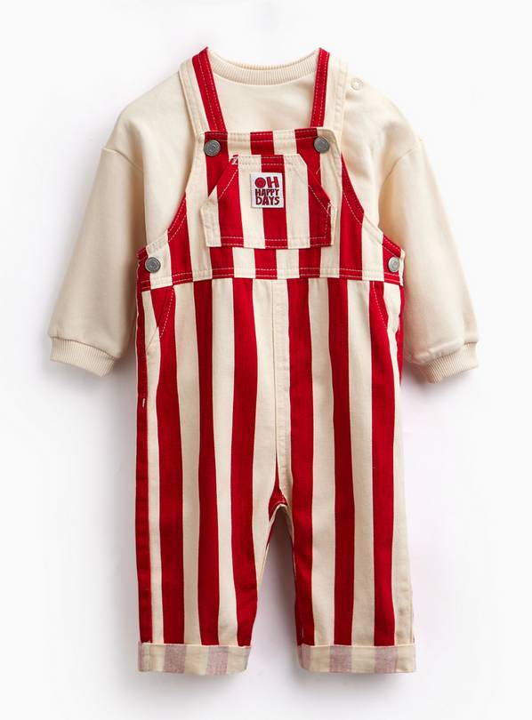 Red & Cream Stripe Oh Happy Days Dungarees & Bodysuit Set 9-12 months