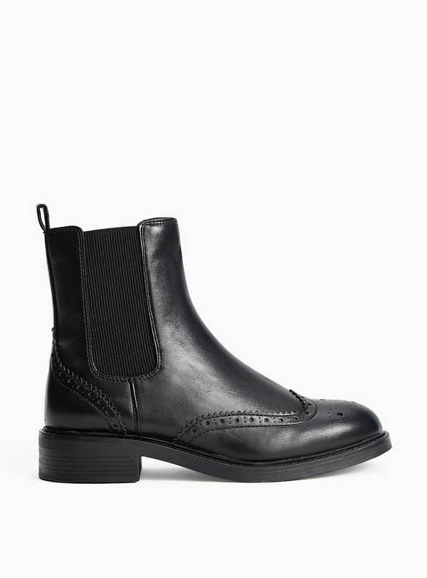Black Faux Leather Brogue Chelsea Boots 8