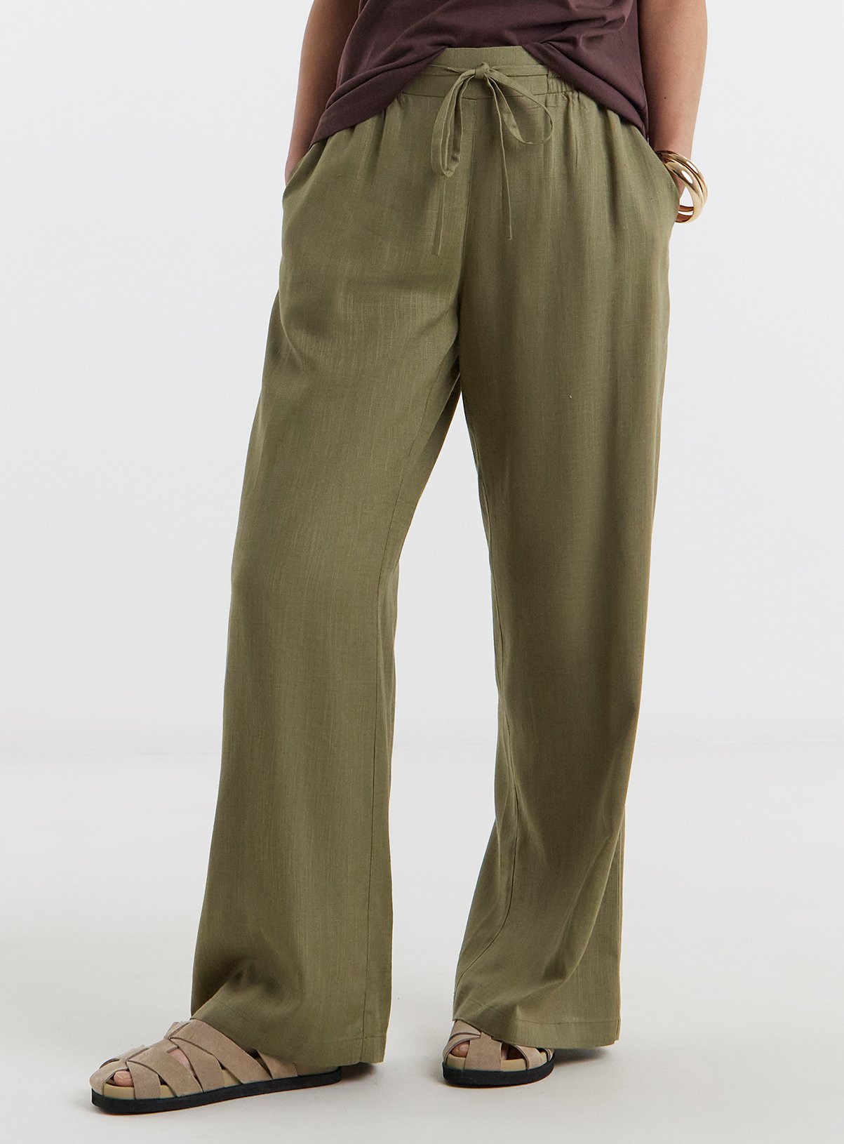JD WILLIAMS Linen Mix Wide Leg Trousers Khaki 30 - Image 1 thumbnail