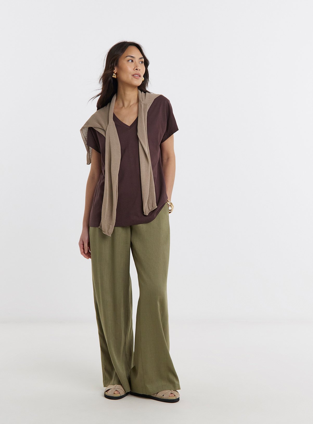 JD WILLIAMS Linen Mix Wide Leg Trousers Khaki 30 - Image 3 thumbnail