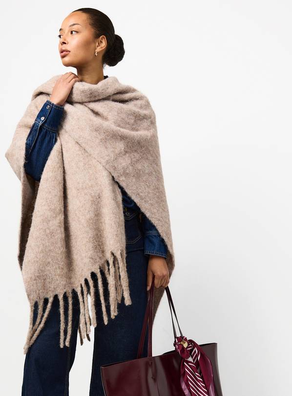 Oatmeal Brushed Knit Fringe Hem Cape One Size