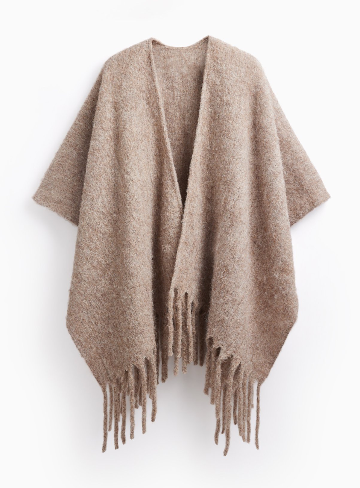 Oatmeal Brushed Knit Fringe Hem Cape One Size - Image 3 thumbnail
