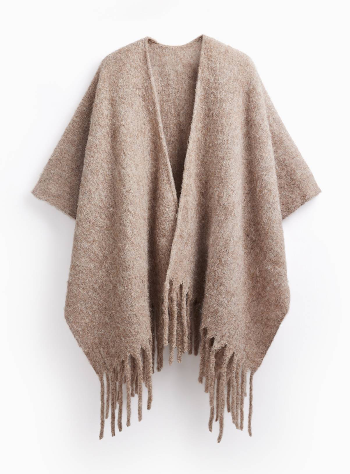 Oatmeal Brushed Knit Fringe Hem Cape One Size - Image 3